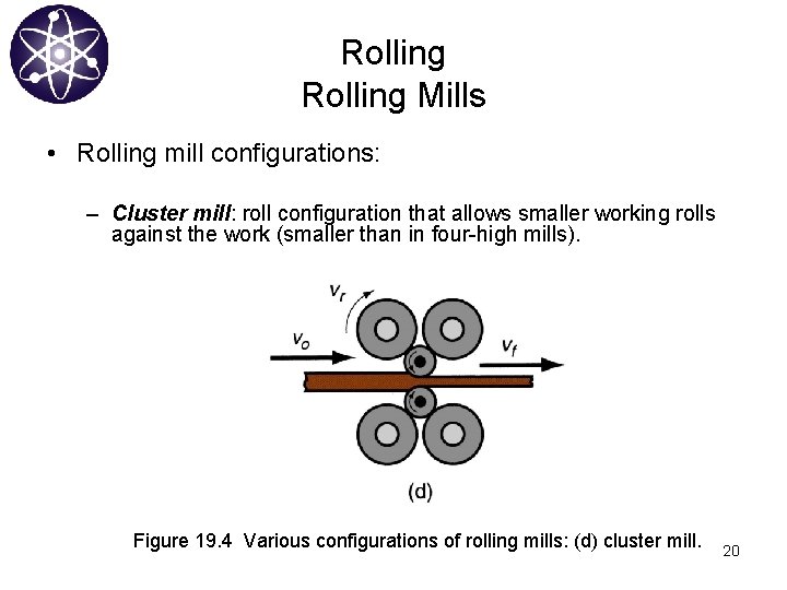 Rolling Mills • Rolling mill configurations: – Cluster mill: roll configuration that allows smaller