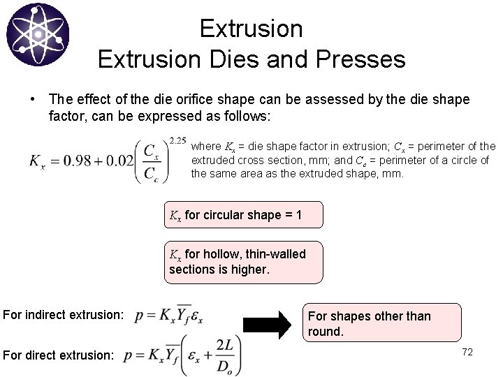 Extrusion Dies and Presses • The effect of the die orifice shape can be