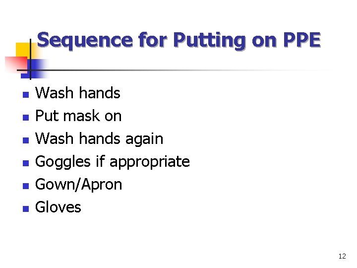 Sequence for Putting on PPE n n n Wash hands Put mask on Wash