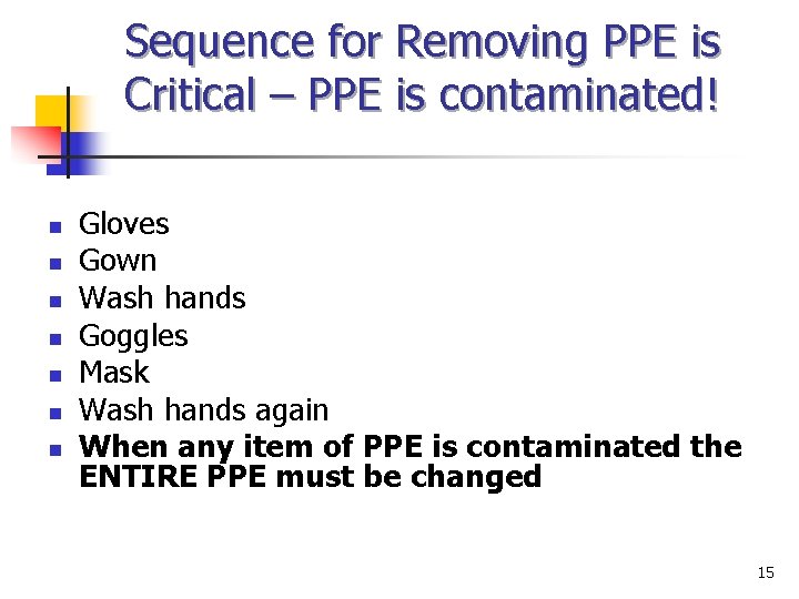 Sequence for Removing PPE is Critical – PPE is contaminated! n n n n