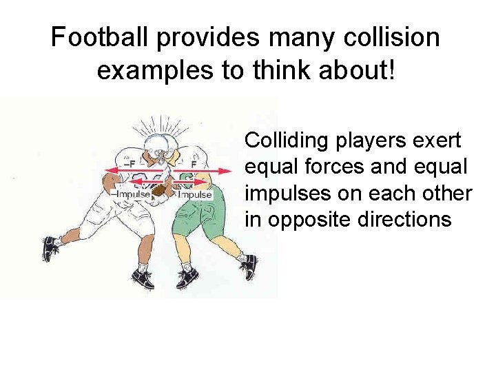 Football provides many collision examples to think about! Colliding players exert equal forces and
