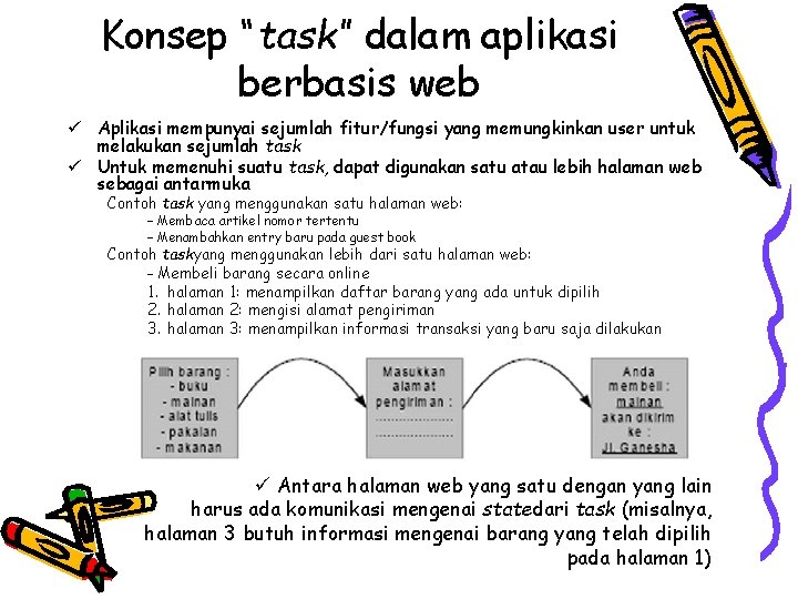 Konsep “task” dalam aplikasi berbasis web ü Aplikasi mempunyai sejumlah fitur/fungsi yang memungkinkan user