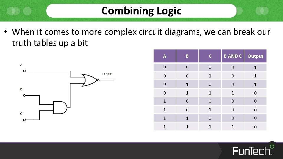 Combining Logic • When it comes to more complex circuit diagrams, we can break