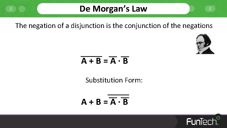 De Morgan’s Law The negation of a disjunction is the conjunction of the negations
