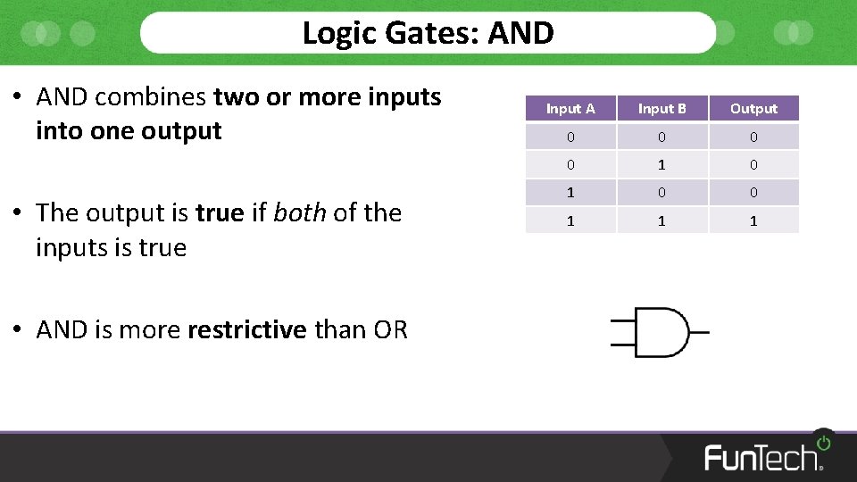 Logic Gates: AND • AND combines two or more inputs into one output •