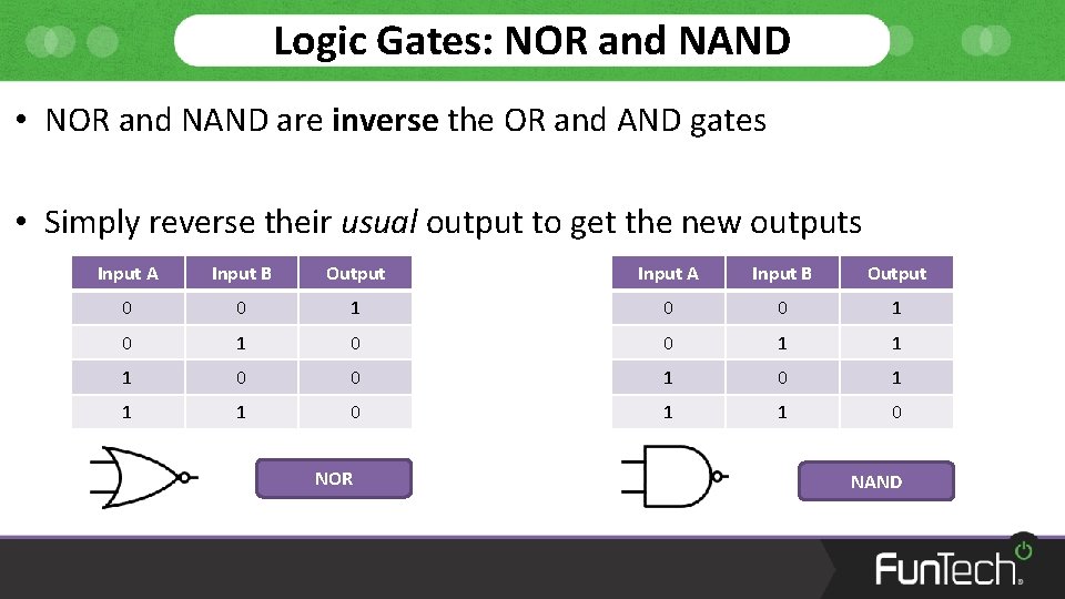 Logic Gates: NOR and NAND • NOR and NAND are inverse the OR and