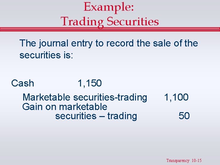 Example: Trading Securities The journal entry to record the sale of the securities is: