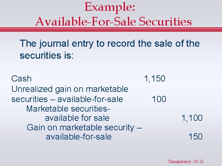 Example: Available-For-Sale Securities The journal entry to record the sale of the securities is: