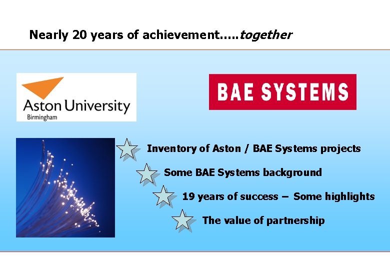 Nearly 20 years of achievement…. . together Inventory of Aston / BAE Systems projects