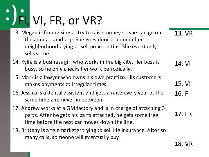 FI, VI, FR, or VR? 13. Megan is fundraising to try to raise money