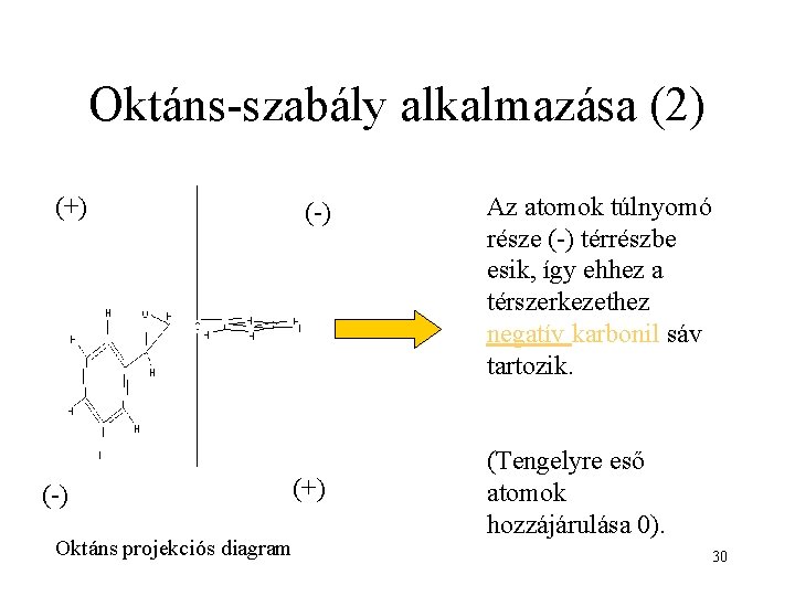 Oktáns-szabály alkalmazása (2) (+) (-) Oktáns projekciós diagram (-) (+) Az atomok túlnyomó része