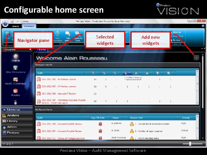 Configurable home screen Navigator pane Selected widgets Add new widgets Pentana Vision – Audit