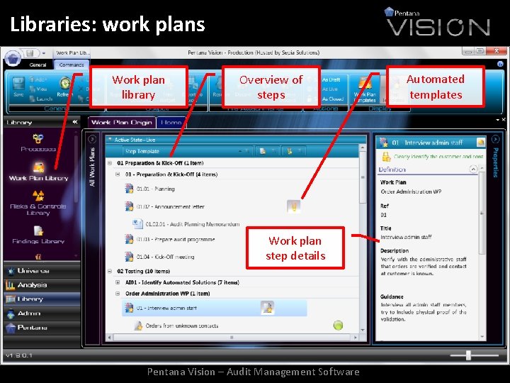 Libraries: work plans Work plan library Overview of steps Work plan step details Pentana