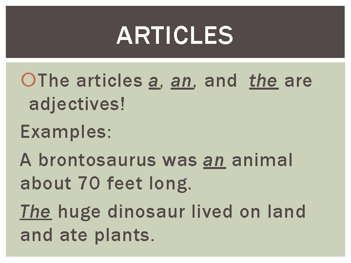 ARTICLES The articles a, and the are adjectives! Examples: A brontosaurus was an animal