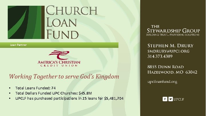 Loan Partner Working Together to serve God’s Kingdom • • • Total Loans Funded: