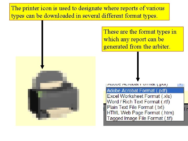 The printer icon is used to designate where reports of various types can be