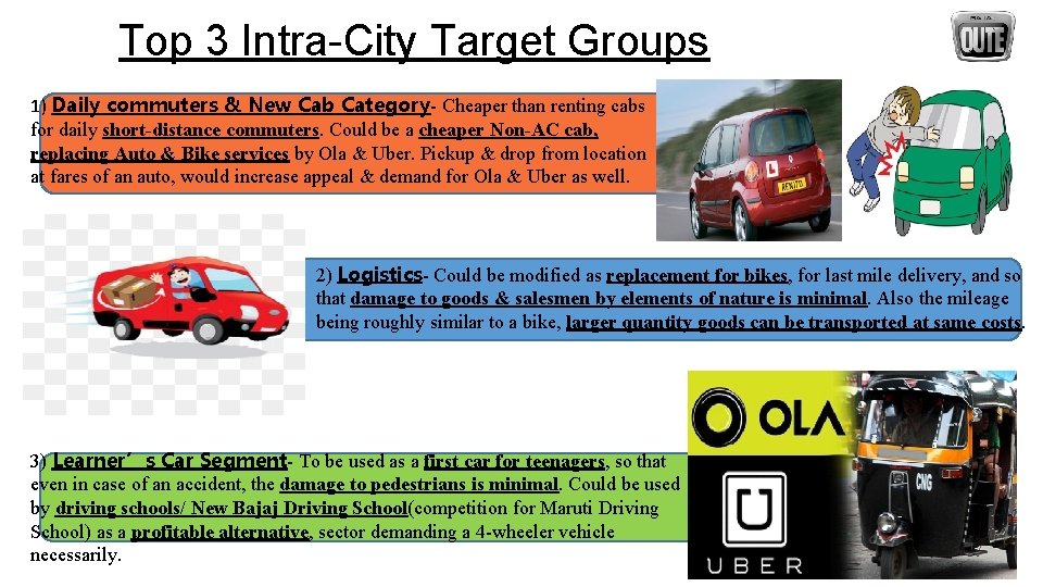 Top 3 Intra-City Target Groups 1) Daily commuters & New Cab Category- Cheaper than