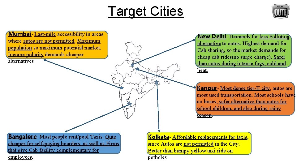 Target Cities Mumbai- Last-mile accessibility in areas where autos are not permitted. Maximum population