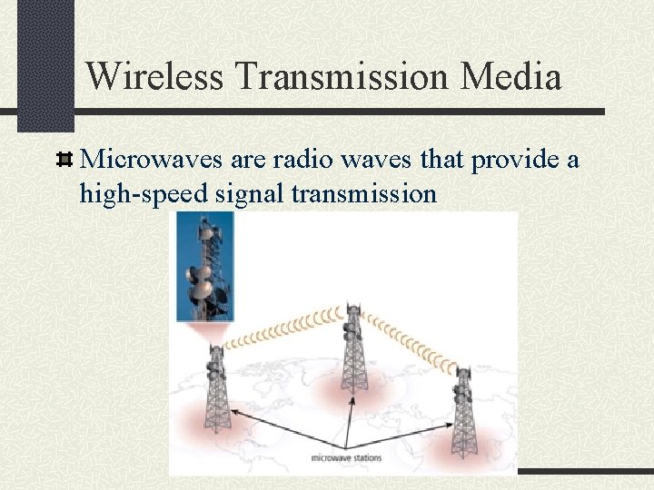 Wireless Transmission Media Microwaves are radio waves that provide a high-speed signal transmission 