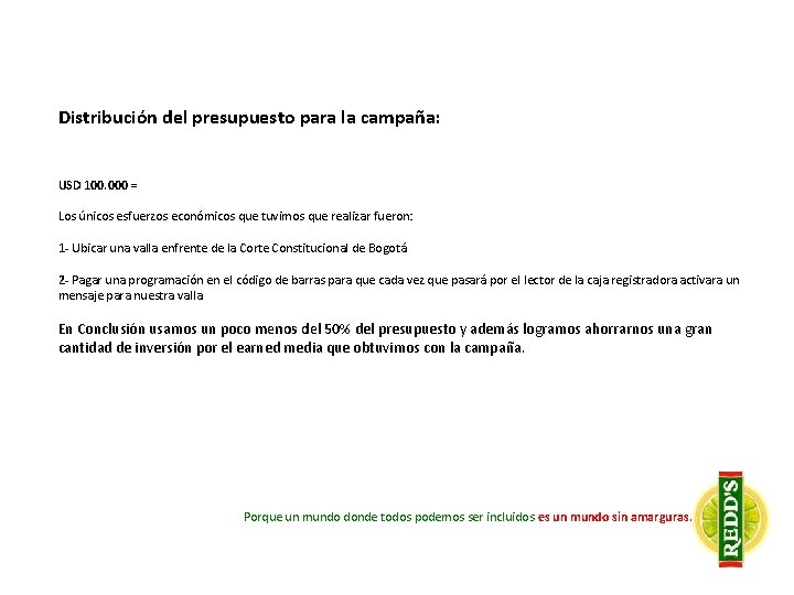 Distribución del presupuesto para la campaña: USD 100. 000 = Los únicos esfuerzos económicos