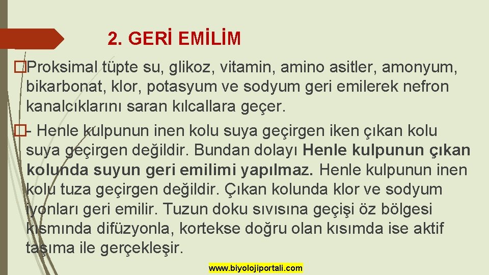 2. GERİ EMİLİM �Proksimal tüpte su, glikoz, vitamin, amino asitler, amonyum, bikarbonat, klor, potasyum