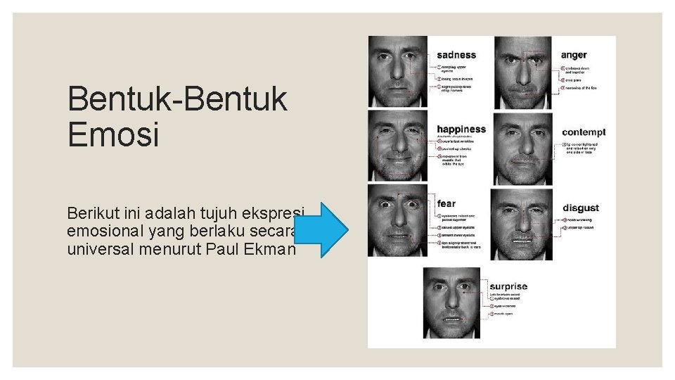 Bentuk-Bentuk Emosi Berikut ini adalah tujuh ekspresi emosional yang berlaku secara universal menurut Paul Bentuk-Bentuk Emosi Berikut ini adalah tujuh ekspresi emosional yang berlaku secara universal menurut Paul