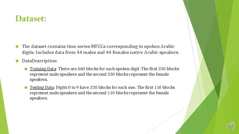 Dataset: The dataset contains time series MFCCs corresponding to spoken Arabic digits. Includes data