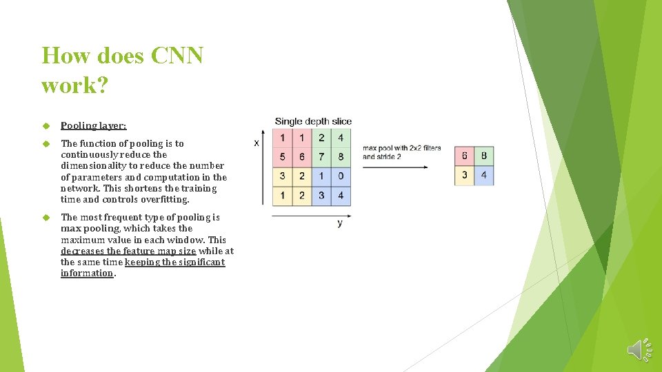 How does CNN work? Pooling layer: The function of pooling is to continuously reduce