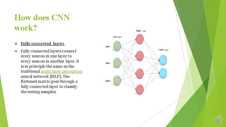 How does CNN work? Fully connected layer: Fully connected layers connect every neuron in