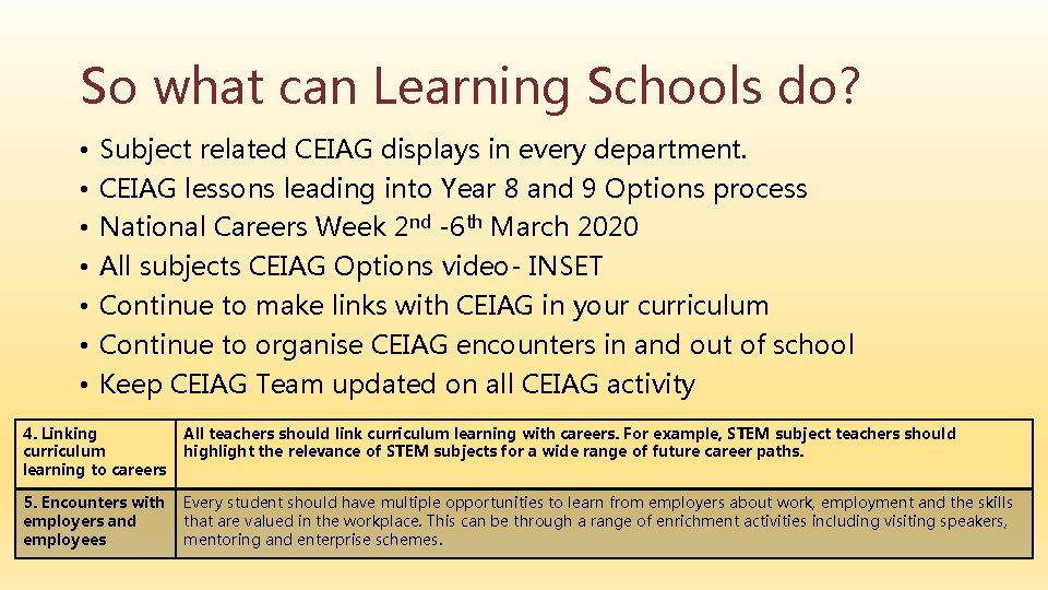 So what can Learning Schools do? • • Subject related CEIAG displays in every