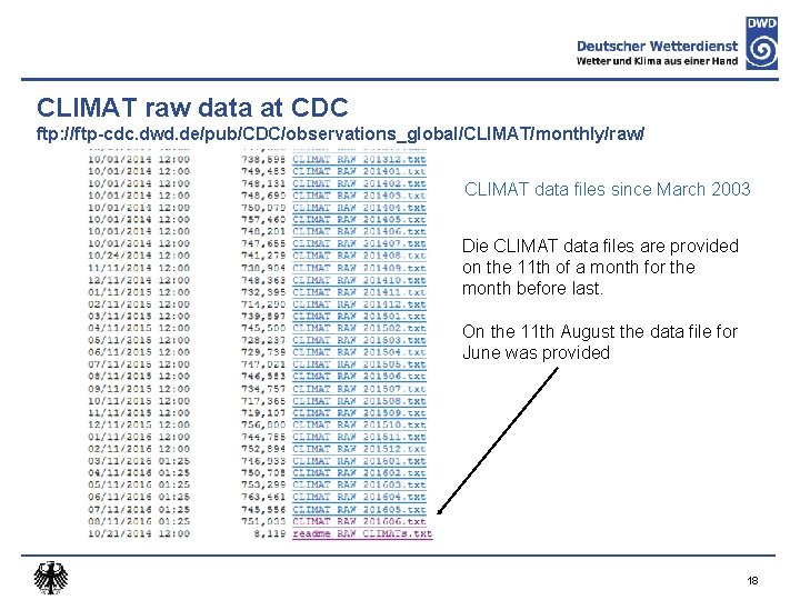 CLIMAT raw data at CDC ftp: //ftp-cdc. dwd. de/pub/CDC/observations_global/CLIMAT/monthly/raw/ CLIMAT data files since March