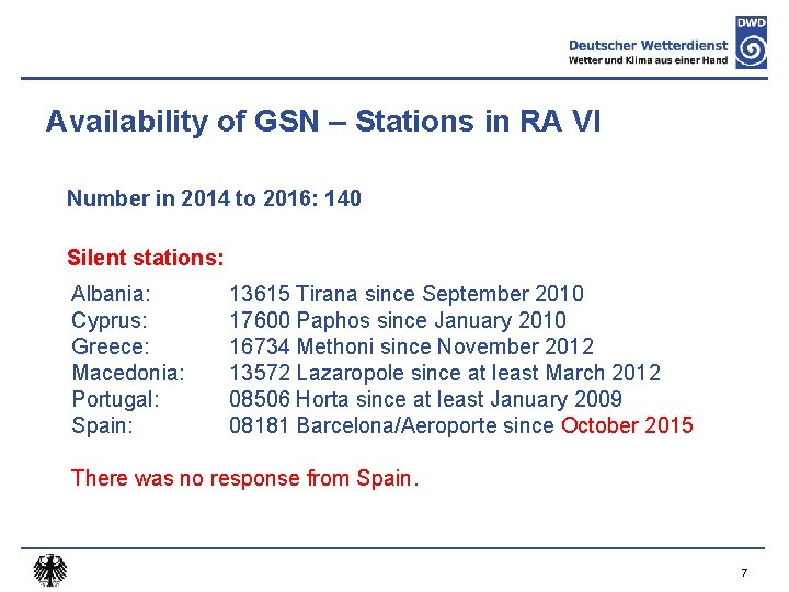 Availability of GSN – Stations in RA VI Number in 2014 to 2016: 140