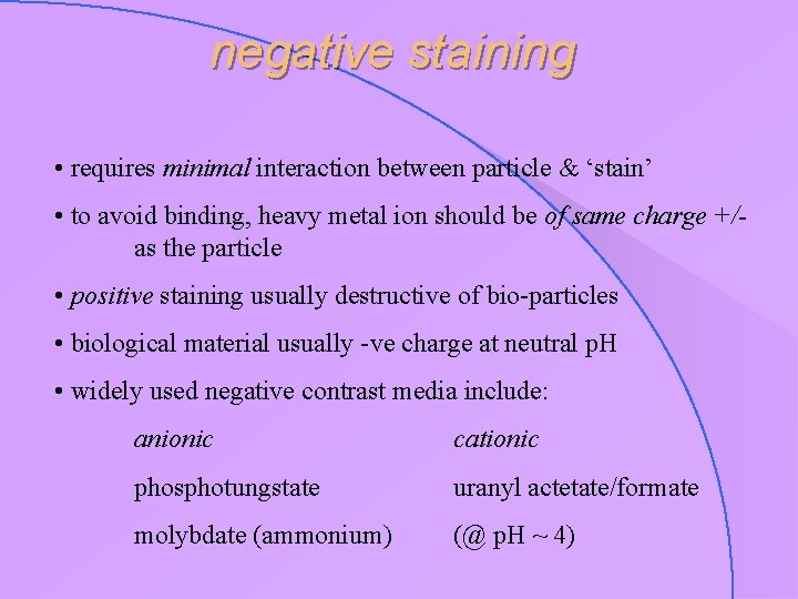 negative staining • requires minimal interaction between particle & ‘stain’ • to avoid binding,