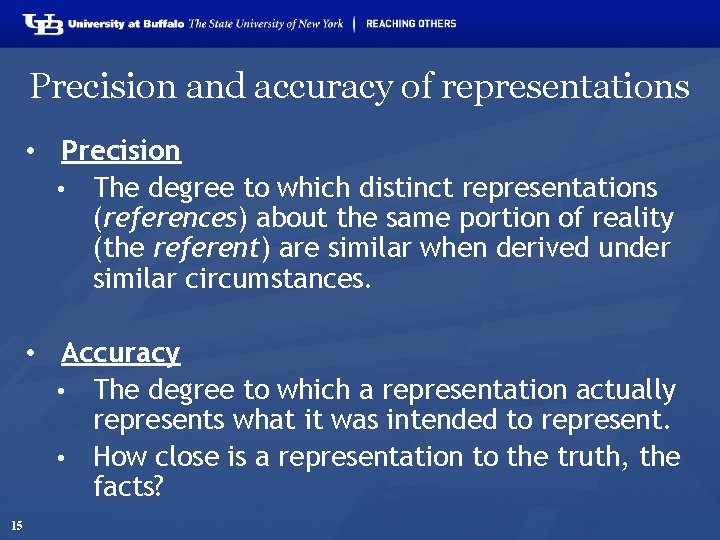Precision and accuracy of representations • Precision • The degree to which distinct representations