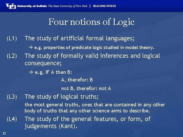 Four notions of Logic (L 1) The study of artificial formal languages; e. g.