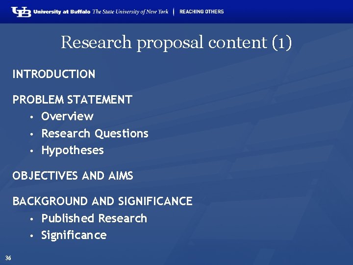 Research proposal content (1) INTRODUCTION PROBLEM STATEMENT • Overview • Research Questions • Hypotheses