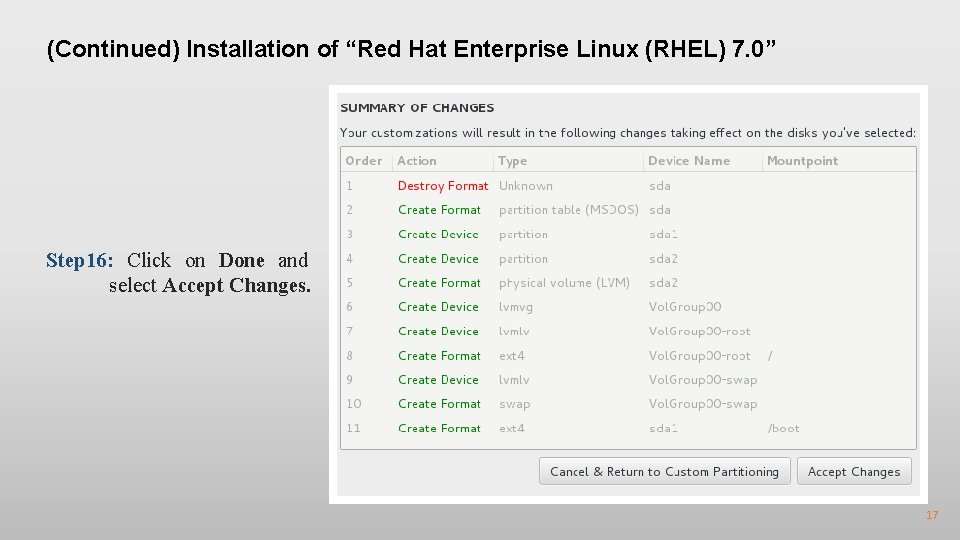 (Continued) Installation of “Red Hat Enterprise Linux (RHEL) 7. 0” Step 16: Click on