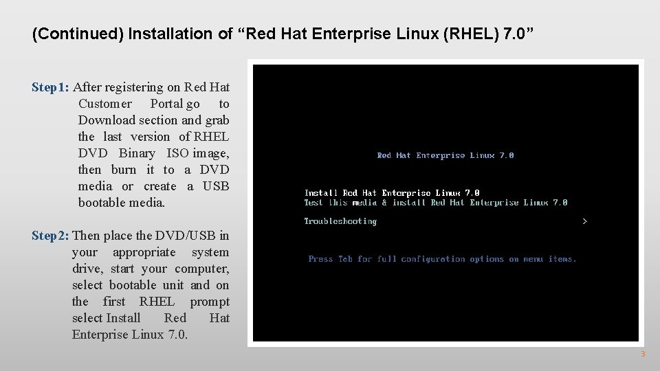 (Continued) Installation of “Red Hat Enterprise Linux (RHEL) 7. 0” Step 1: After registering