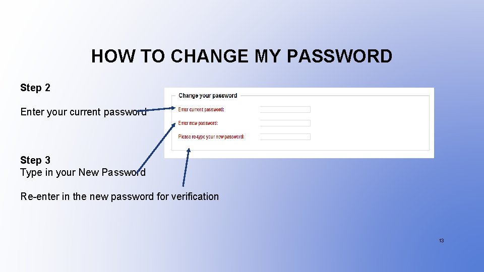 HOW TO CHANGE MY PASSWORD Step 2 Enter your current password Step 3 Type