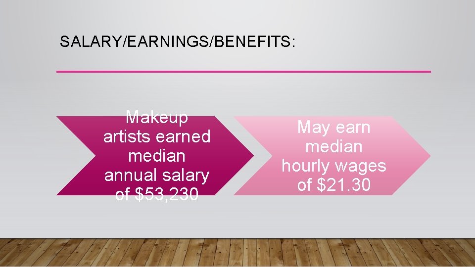 SALARY/EARNINGS/BENEFITS: Makeup artists earned median annual salary of $53, 230 May earn median hourly