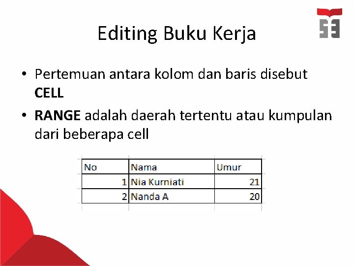 Editing Buku Kerja • Pertemuan antara kolom dan baris disebut CELL • RANGE adalah