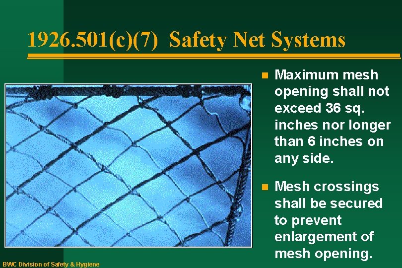 1926. 501(c)(7) Safety Net Systems BWC Division of Safety & Hygiene n Maximum mesh