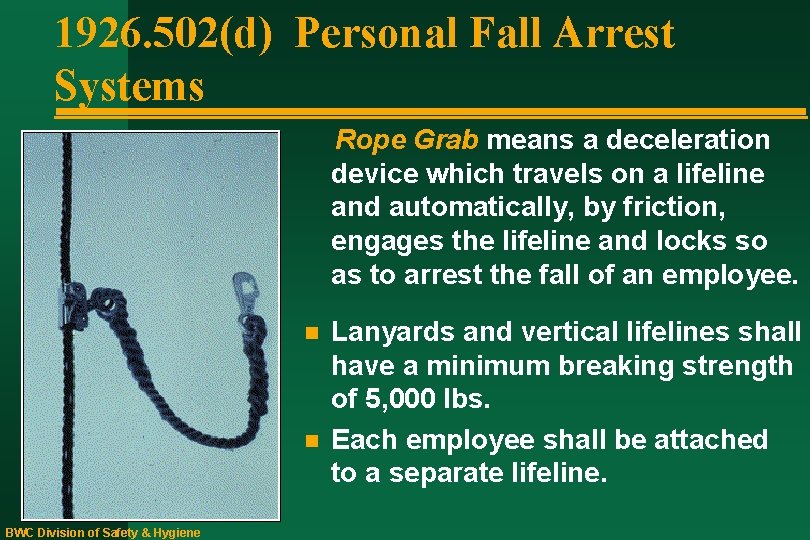 1926. 502(d) Personal Fall Arrest Systems Rope Grab means a deceleration device which travels