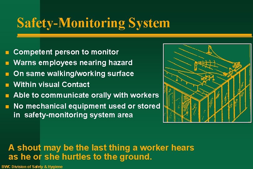 Safety-Monitoring System n n n Competent person to monitor Warns employees nearing hazard On