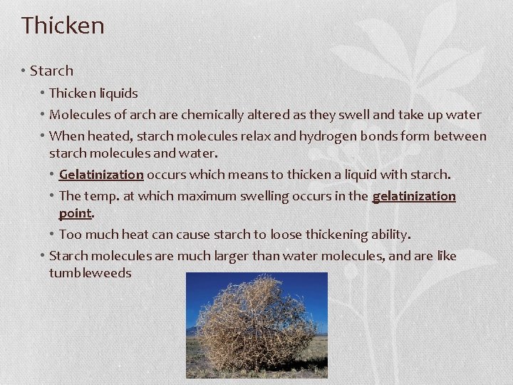 Thicken • Starch • Thicken liquids • Molecules of arch are chemically altered as
