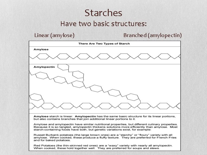 Starches Have two basic structures: Linear (amylose) Branched (amylopectin) 