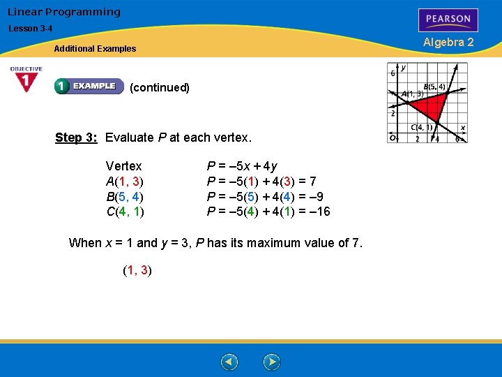 Linear Programming Lesson 3 -4 Algebra 2 Additional Examples (continued) Step 3: Evaluate P Linear Programming Lesson 3 -4 Algebra 2 Additional Examples (continued) Step 3: Evaluate P