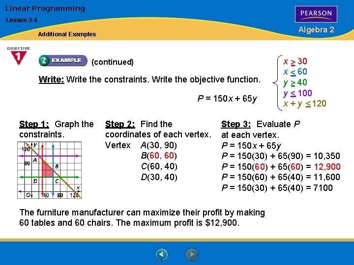 Linear Programming Lesson 3 -4 Algebra 2 Additional Examples (continued) Write: Write the constraints. Linear Programming Lesson 3 -4 Algebra 2 Additional Examples (continued) Write: Write the constraints.