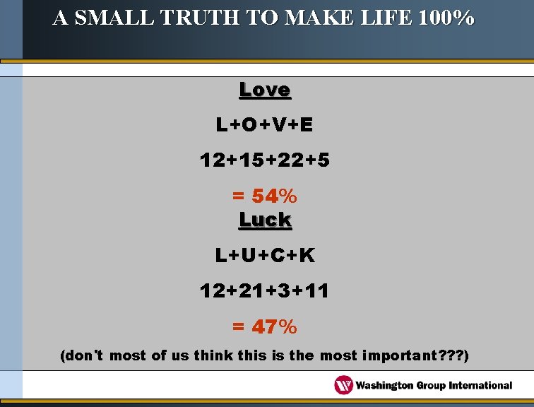 A SMALL TRUTH TO MAKE LIFE 100% Love L+O+V+E 12+15+22+5 = 54% Luck L+U+C+K