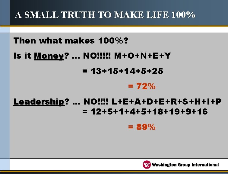 A SMALL TRUTH TO MAKE LIFE 100% Then what makes 100%? Is it Money?
